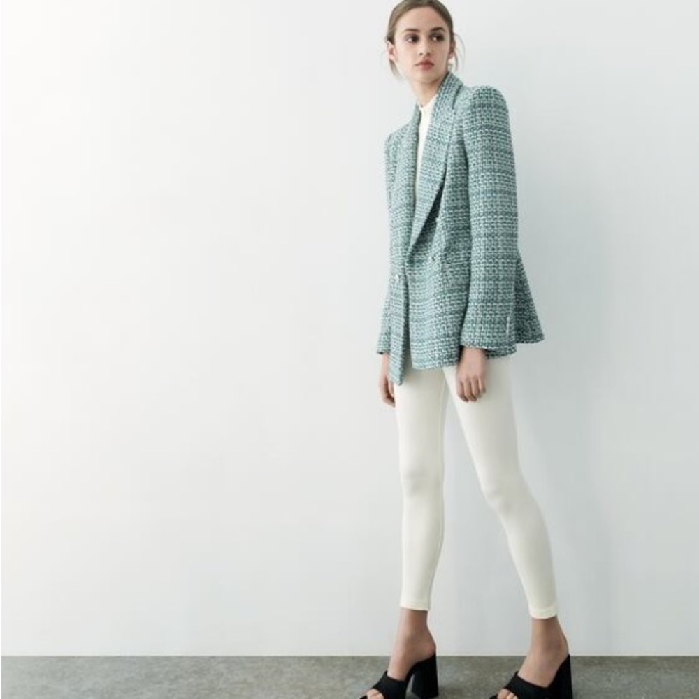 ZARA TWEED TEXTURED DOUBLE BREASTED BLAZER - BLUE GREEN - SMALL